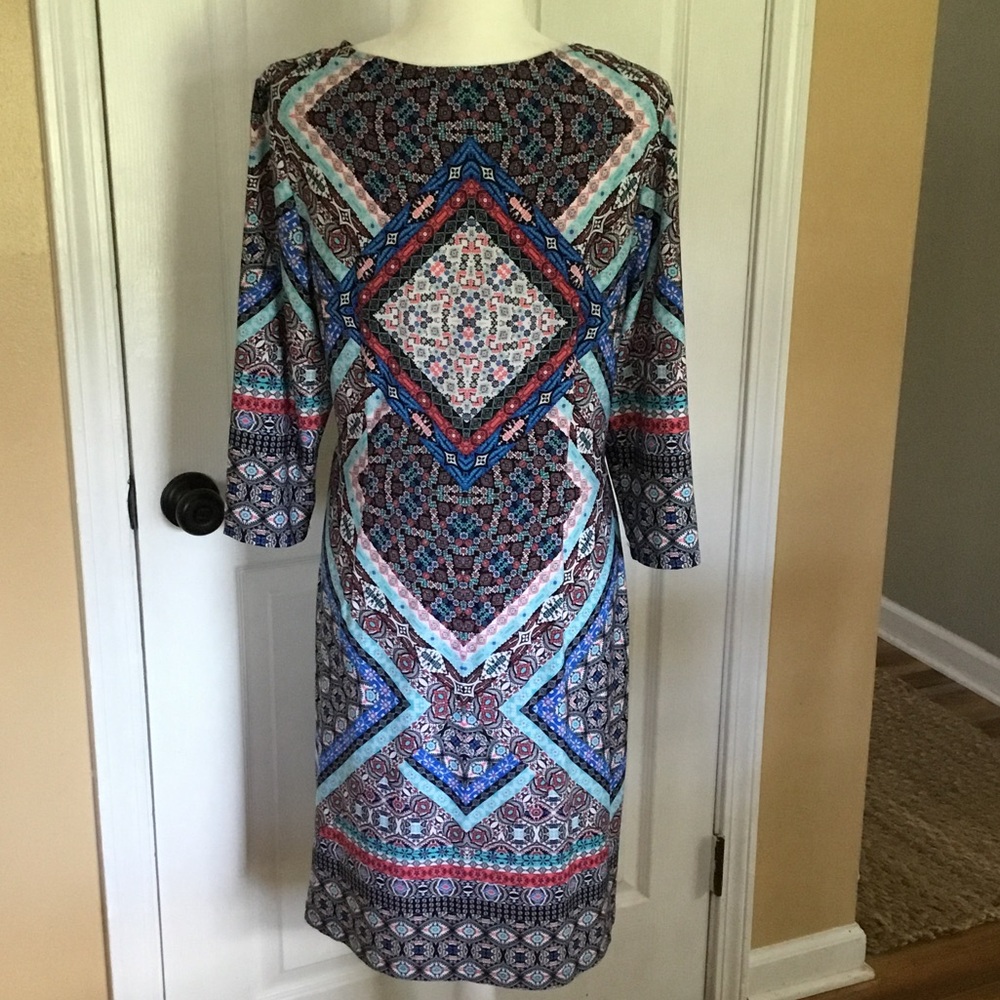 Office Chic Column Dress Size 14 Retro Abstract Print 3/4 Sleeve Dress Blue Pink - Picture 5 of 9